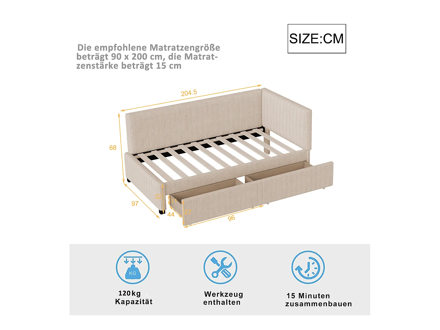 Lit 90x200cm, Lit enfant/adulte/ado rembourré avec tiroirs, lit simple, velours,sans matelas, beige