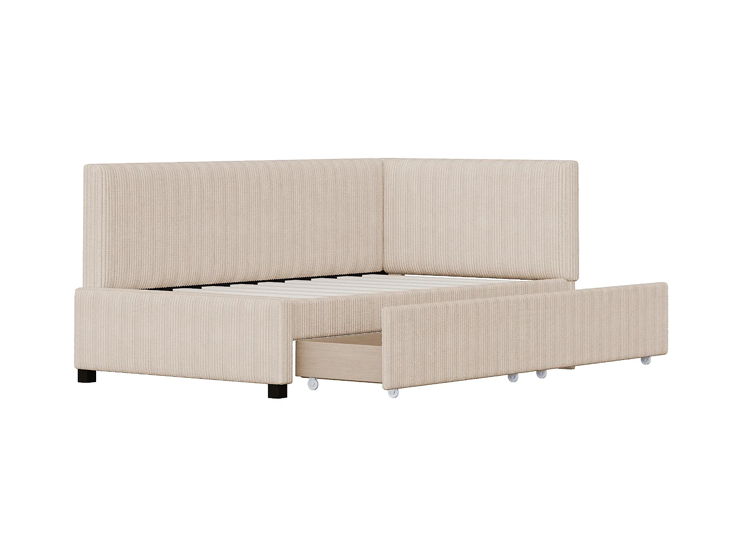 Lit 90x200cm, Lit enfant/adulte/ado rembourré avec tiroirs, lit simple, velours,sans matelas, beige