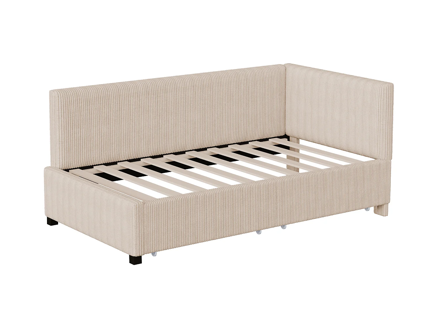 Lit 90x200cm, Lit enfant/adulte/ado rembourré avec tiroirs, lit simple, velours,sans matelas, beige