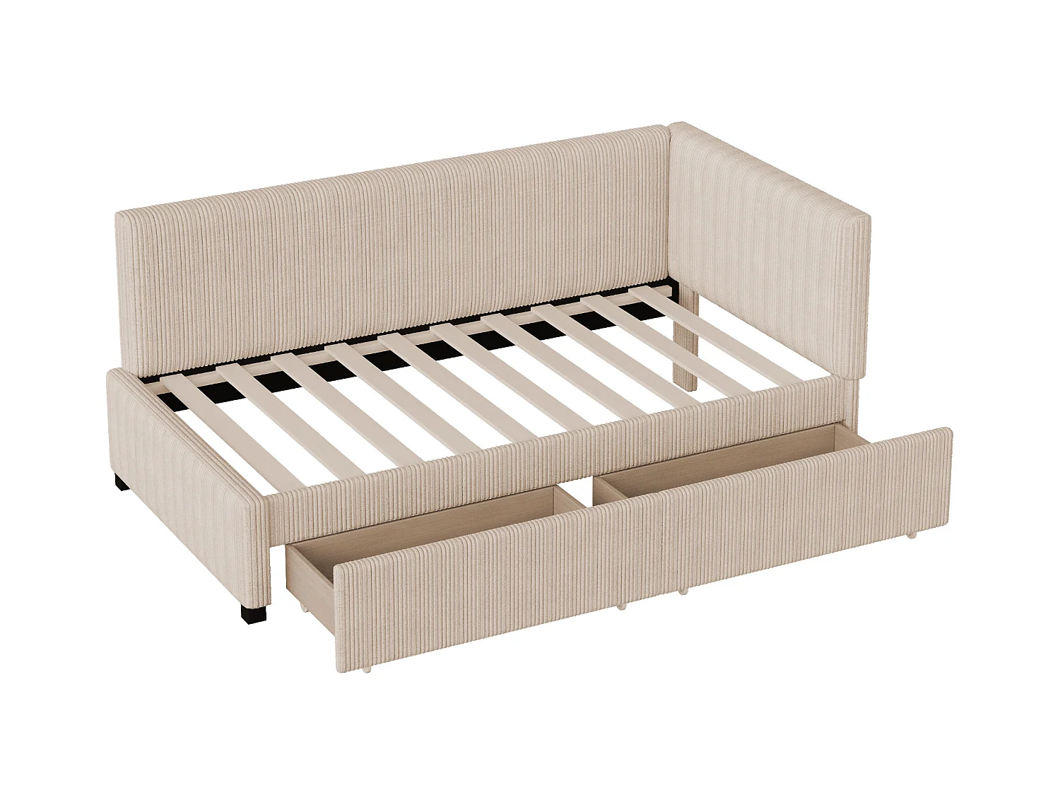 Lit 90x200cm, Lit enfant/adulte/ado rembourré avec tiroirs, lit simple, velours,sans matelas, beige