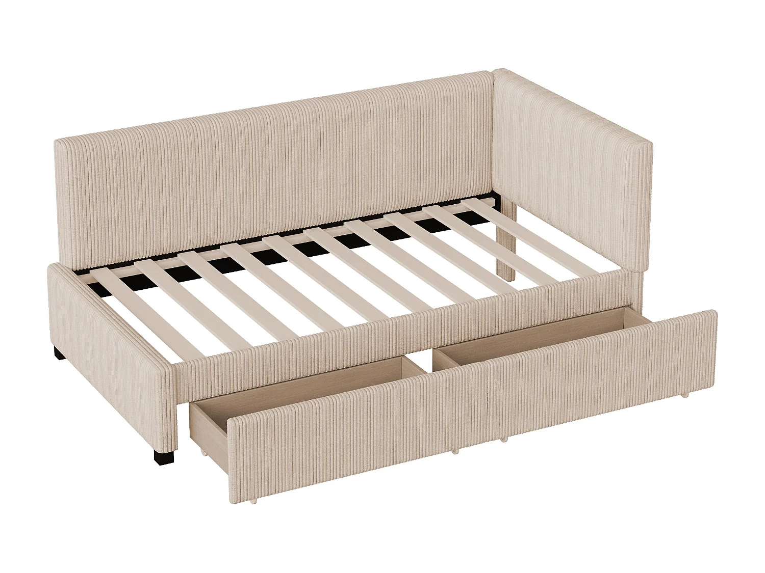 Lit 90x200cm, Lit enfant/adulte/ado rembourré avec tiroirs, lit simple, velours,sans matelas, beige