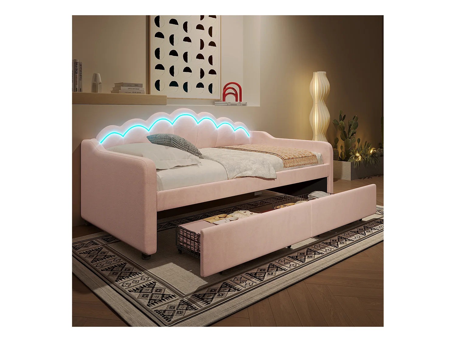 Lit banquette enfant 90x200cm avec 2 Tiroirs de rangement + LED, Velours, sans matelas, Rose