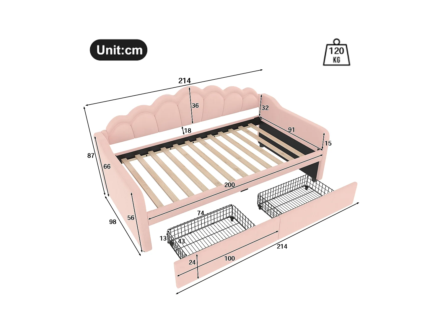 Lit banquette enfant 90x200cm avec 2 Tiroirs de rangement + LED, Velours, sans matelas, Rose