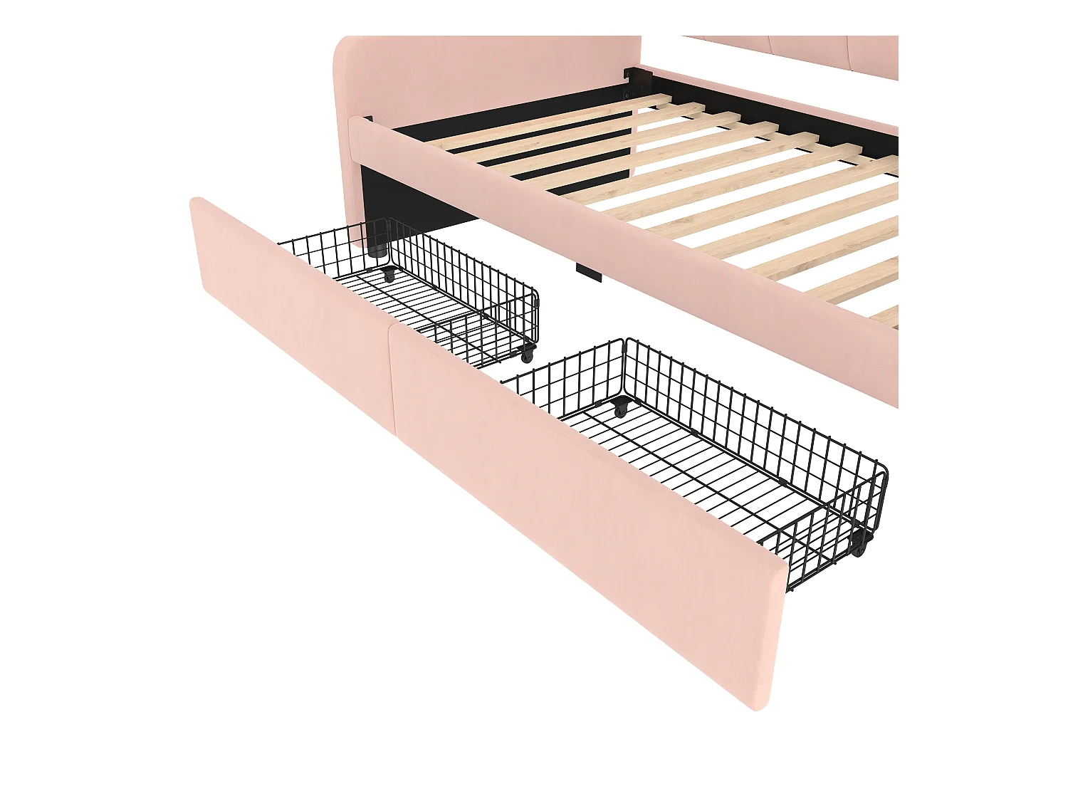Lit banquette enfant 90x200cm avec 2 Tiroirs de rangement + LED, Velours, sans matelas, Rose