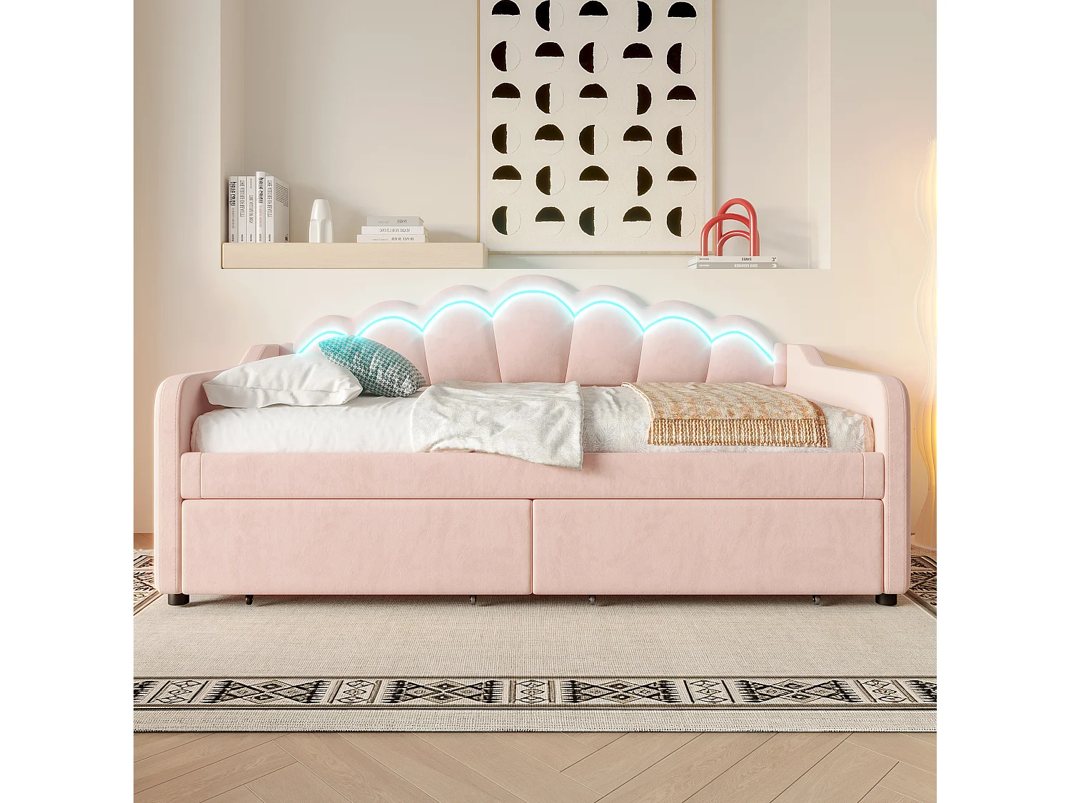Lit banquette enfant 90x200cm avec 2 Tiroirs de rangement + LED, Velours, sans matelas, Rose