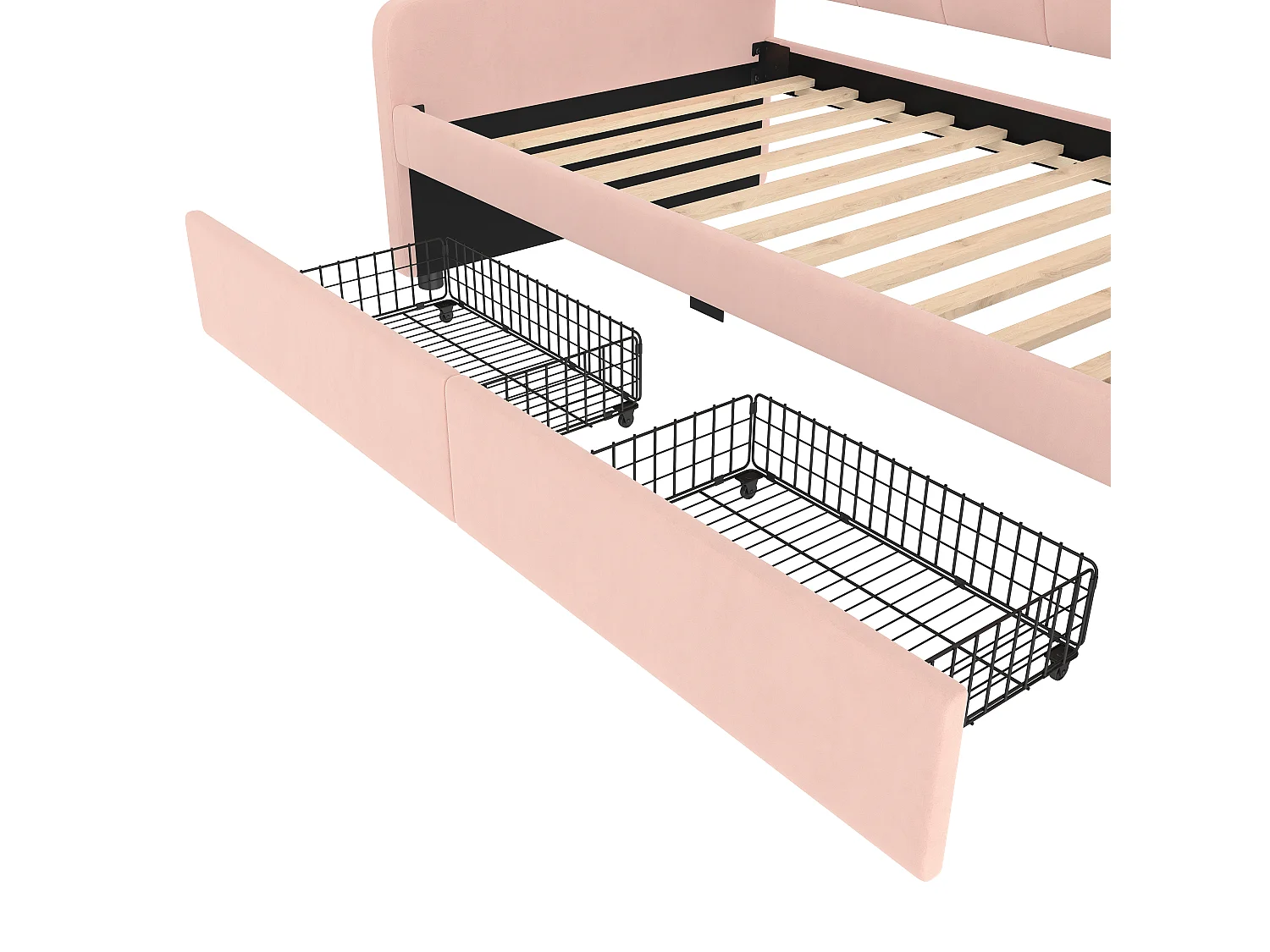 Lit banquette enfant 90x200cm avec 2 Tiroirs de rangement + LED, Velours, sans matelas, Rose