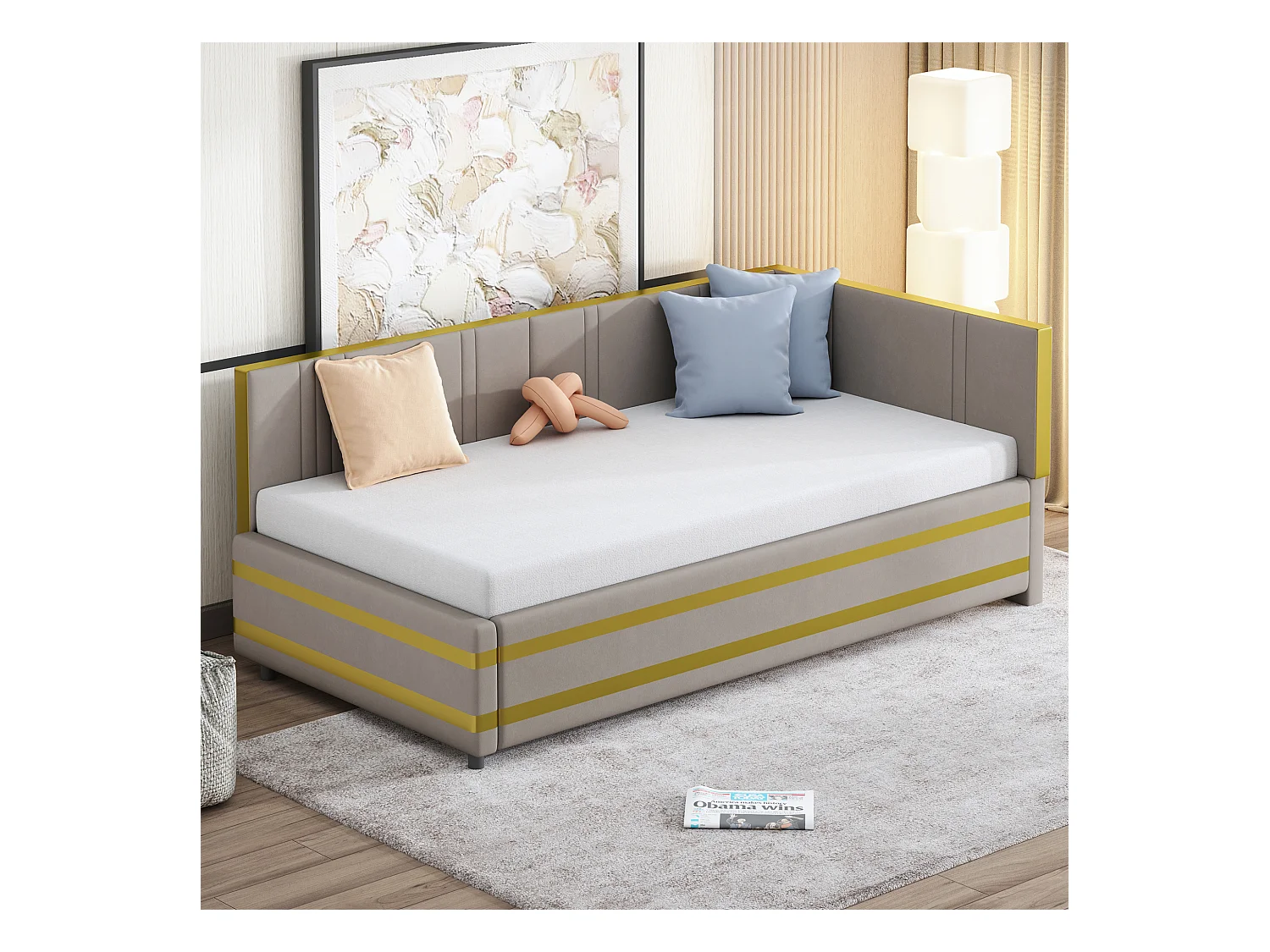 Lit enfant rembourré 90x200cm avec sommier à lattes , velours, sans matelas, gris foncé