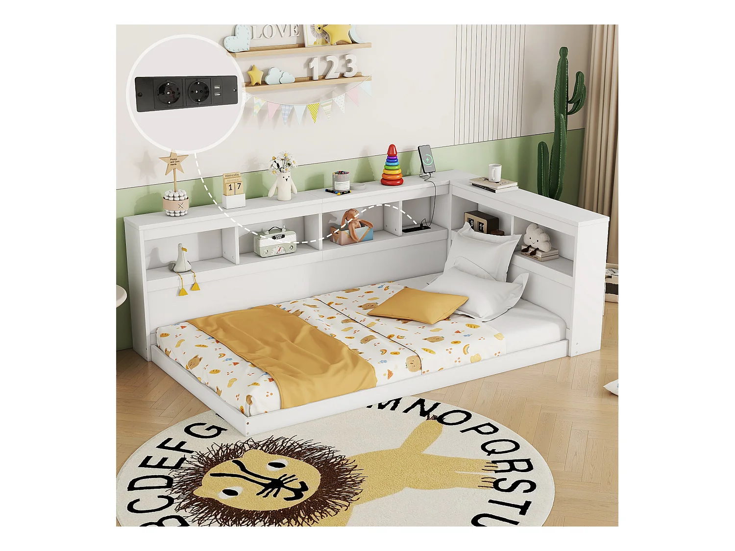 Lit enfant 90x200 cm blanc avec prise USB et compartiment de rangement, sans matelas