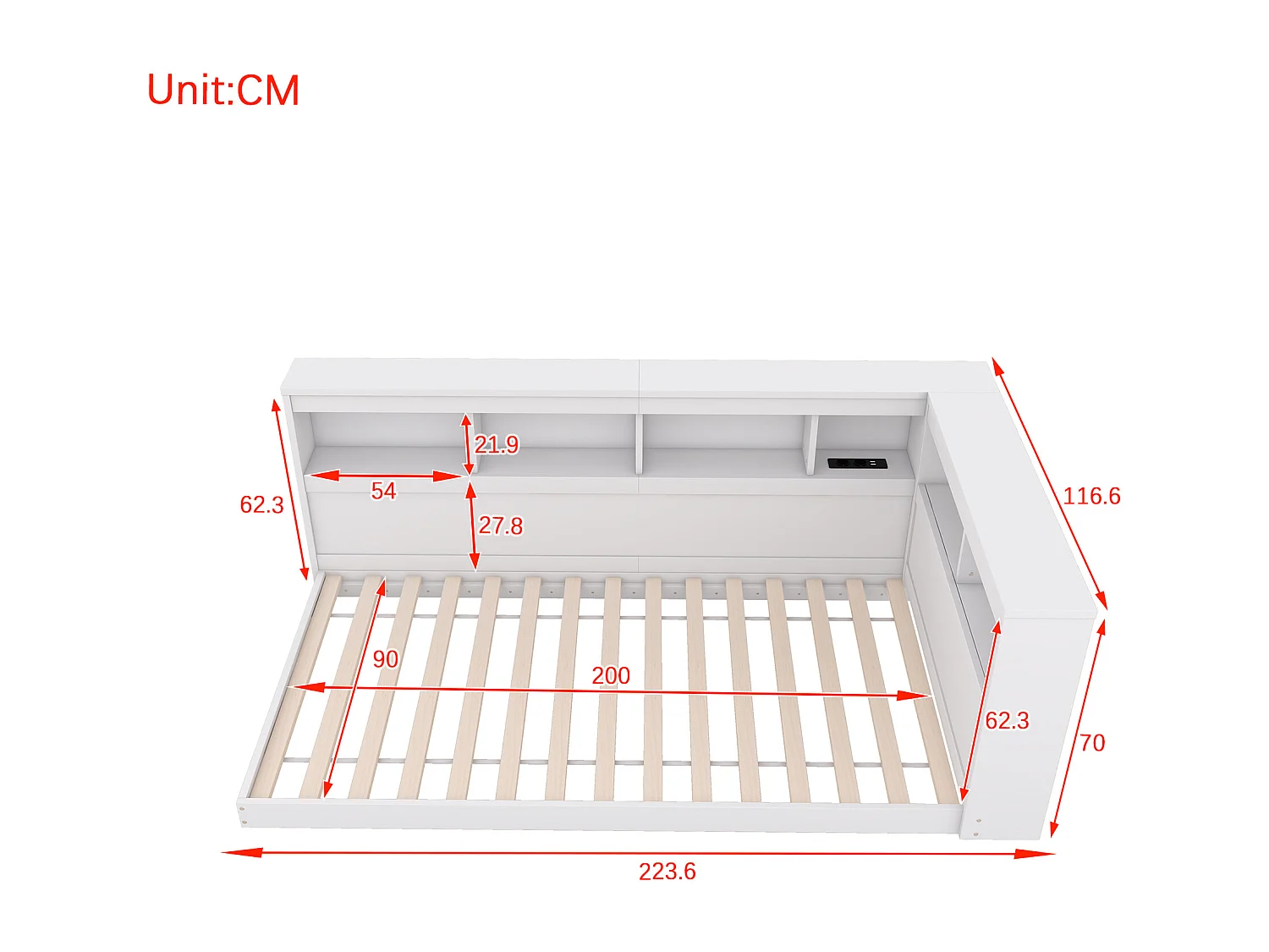Lit enfant 90x200 cm blanc avec prise USB et compartiment de rangement, sans matelas