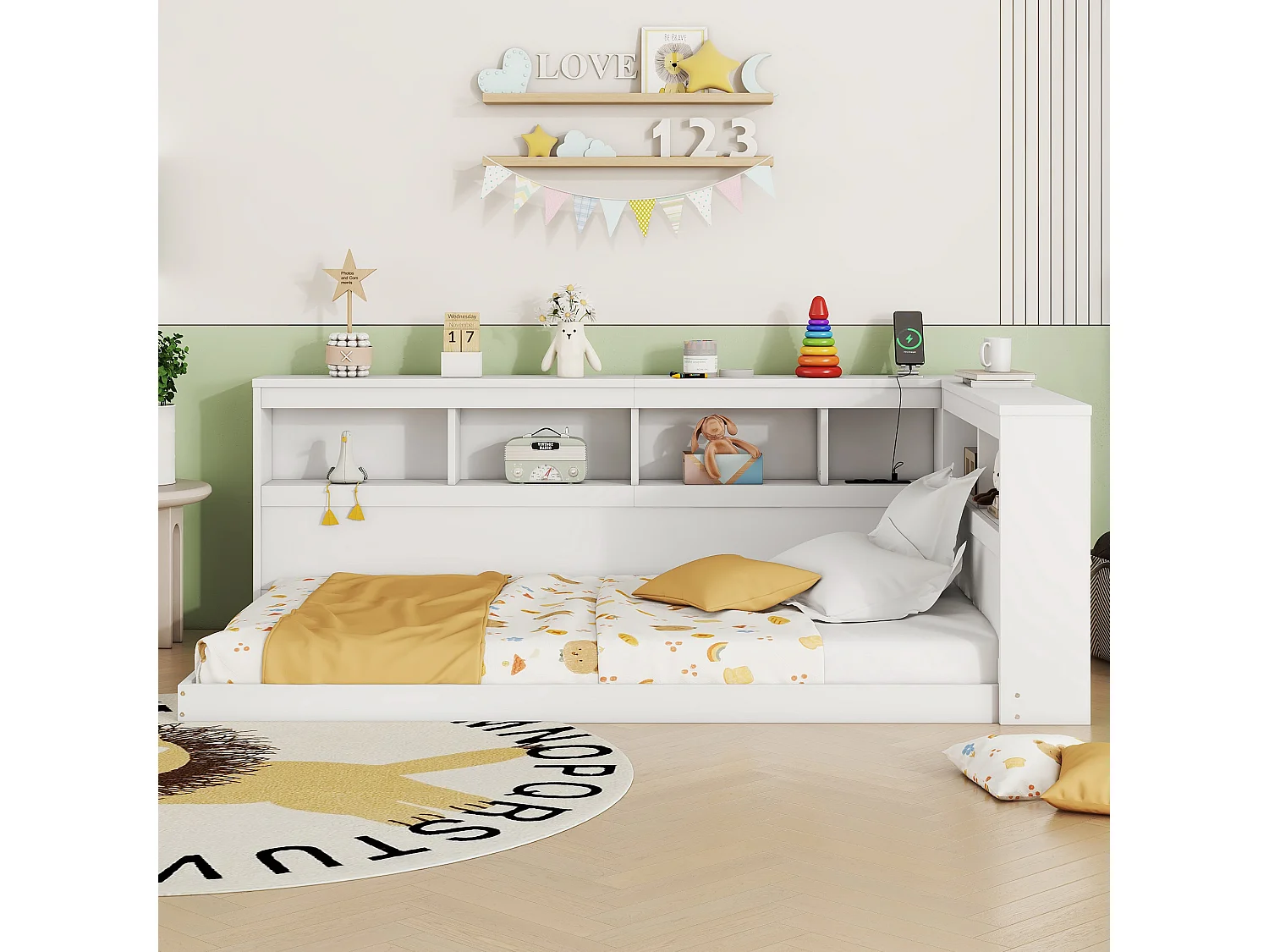 Lit enfant 90x200 cm blanc avec prise USB et compartiment de rangement, sans matelas