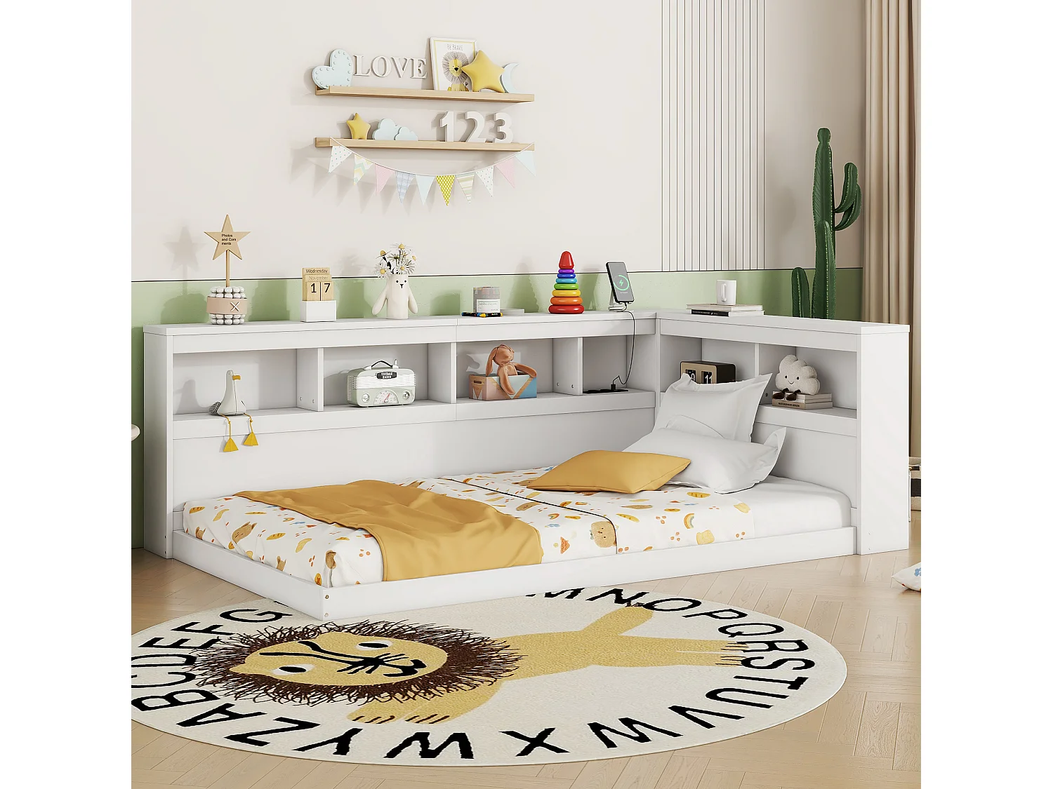 Lit enfant 90x200 cm blanc avec prise USB et compartiment de rangement, sans matelas