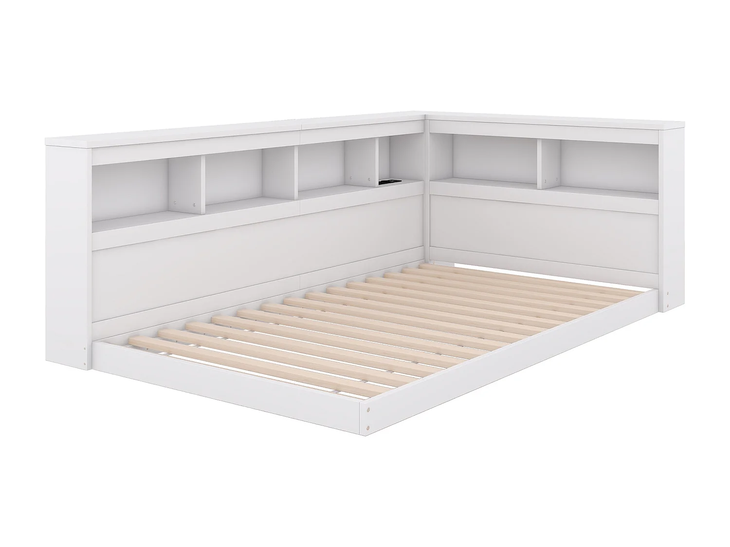 Lit enfant 90x200 cm blanc avec prise USB et compartiment de rangement, sans matelas