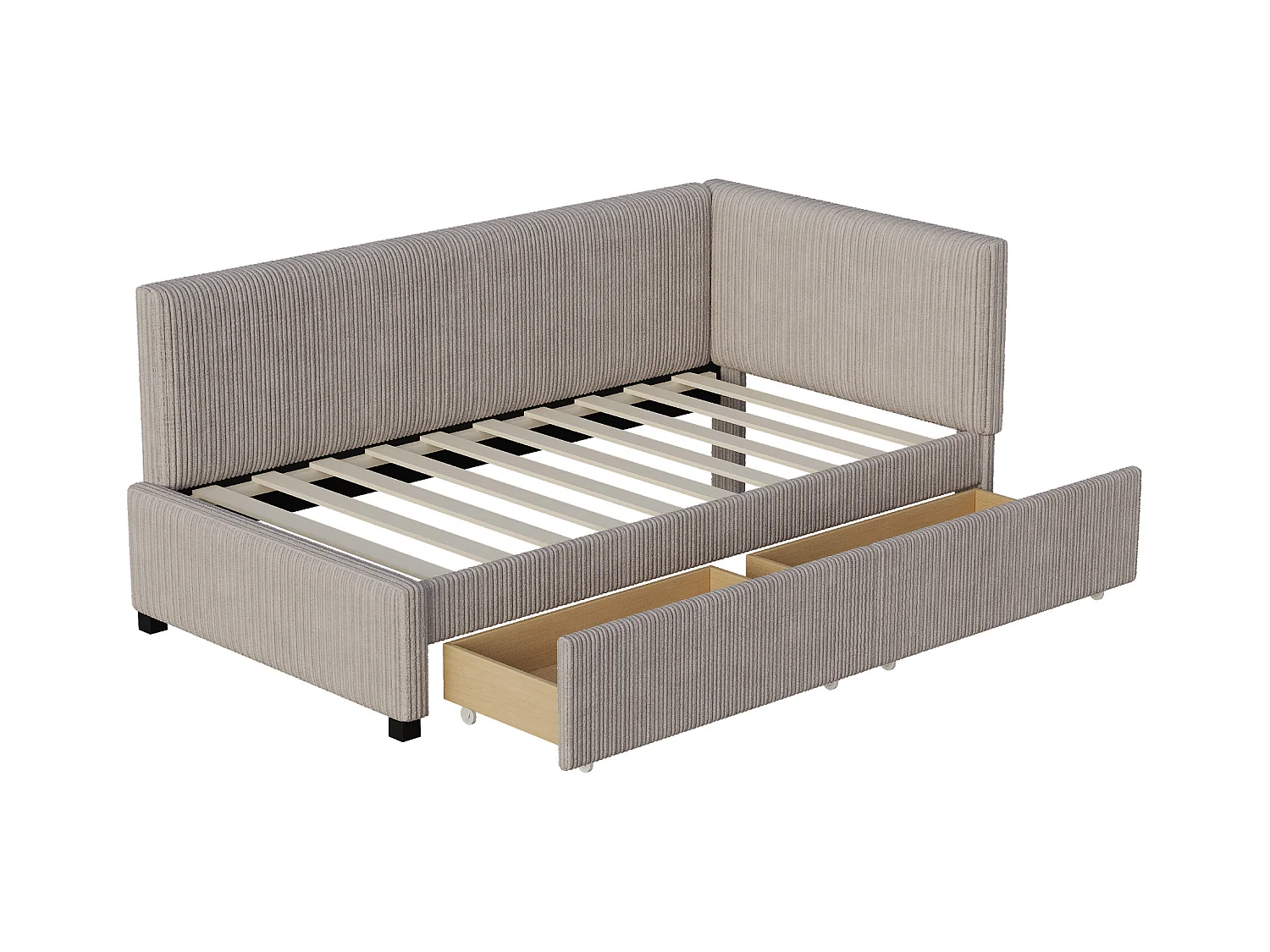 Lit 90x200cm, Lit enfant/adulte/ado rembourré avec tiroirs, lit simple, velours,sans matelas, gris