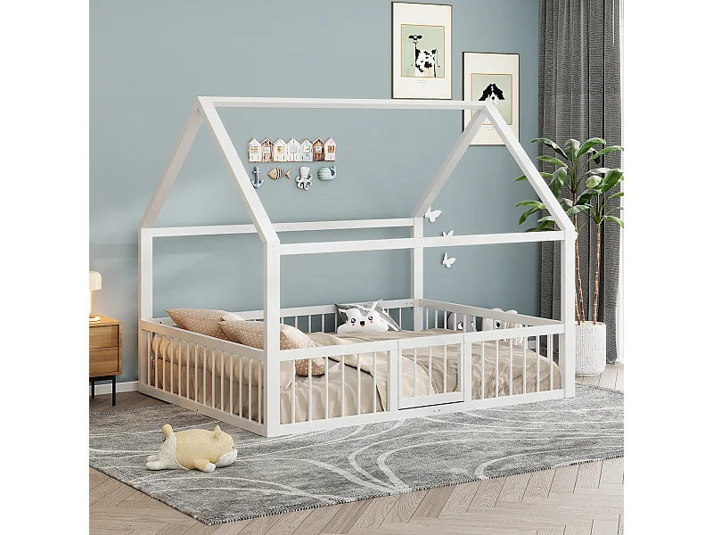 Lit cabane enfant 140x200 cm blanc, lit en métal, barrière de sécurité, sommier à lattes, sans matelas
