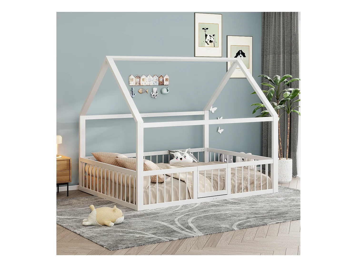 Lit cabane enfant 140x200 cm blanc, lit en métal, barrière de sécurité, sommier à lattes, sans matelas