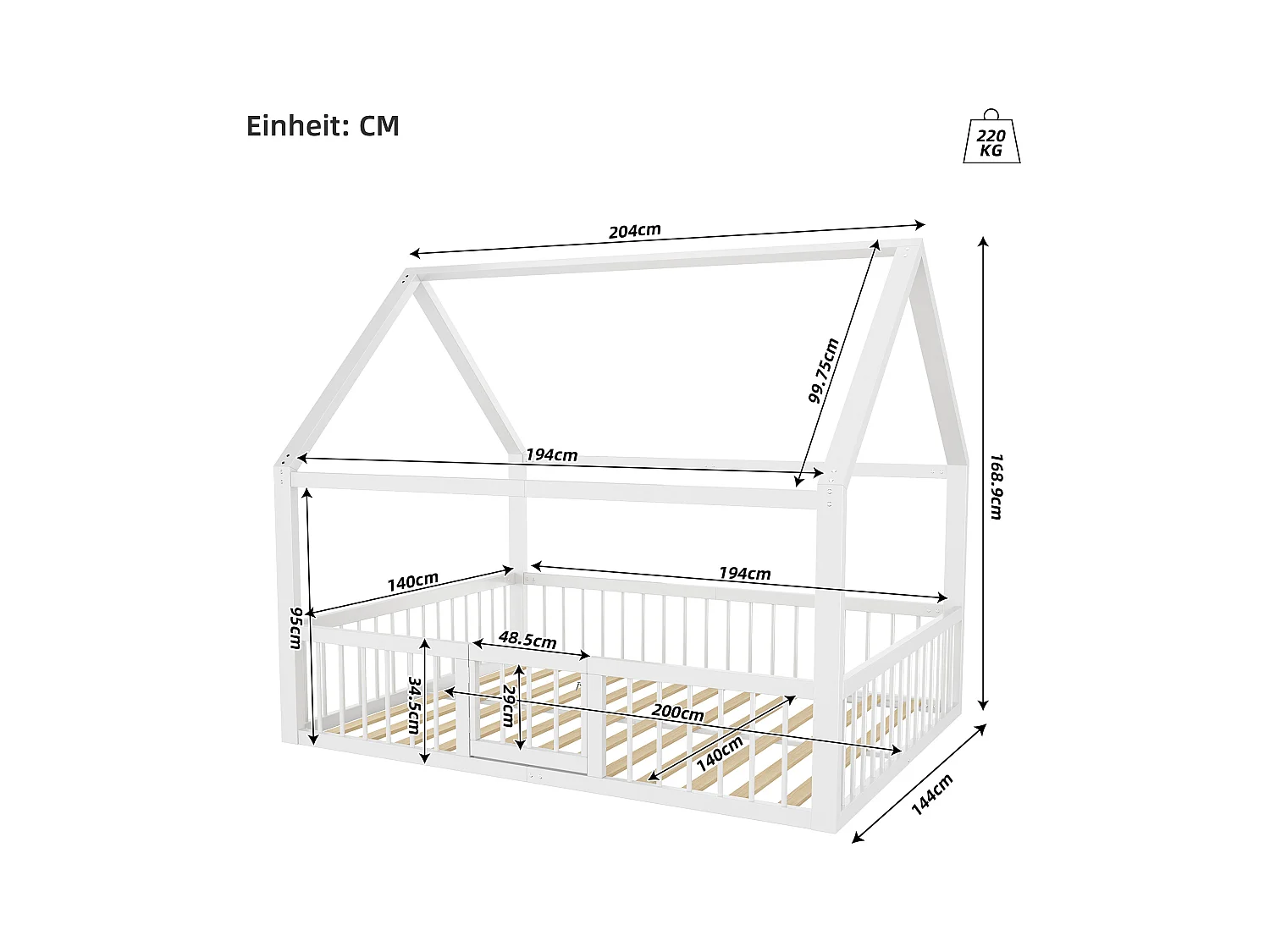 Lit cabane enfant 140x200 cm blanc, lit en métal, barrière de sécurité, sommier à lattes, sans matelas