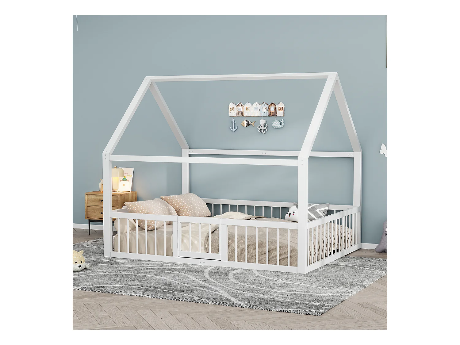 Lit cabane enfant 140x200 cm blanc, lit en métal, barrière de sécurité, sommier à lattes, sans matelas