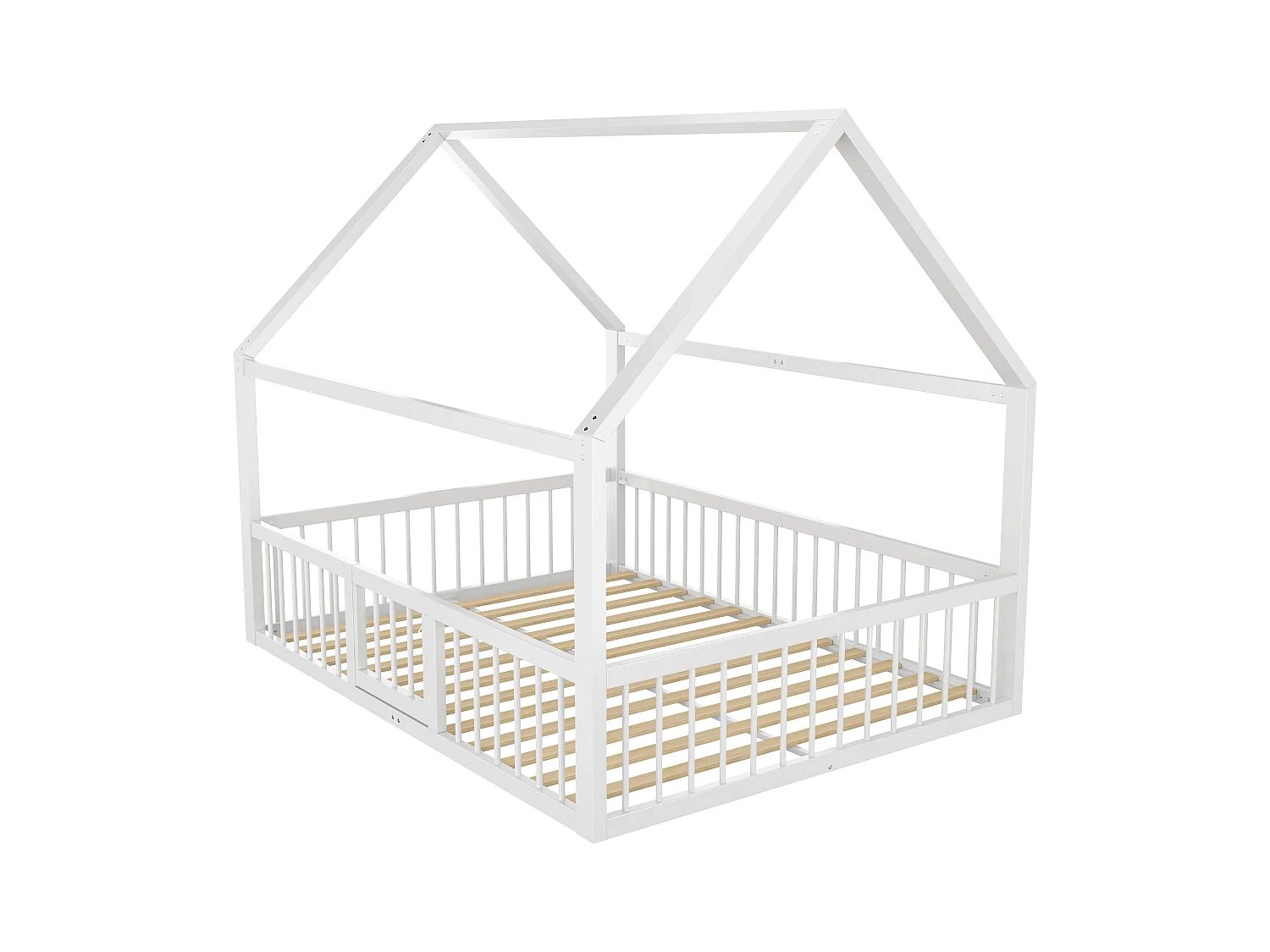 Lit cabane enfant 140x200 cm blanc, lit en métal, barrière de sécurité, sommier à lattes, sans matelas