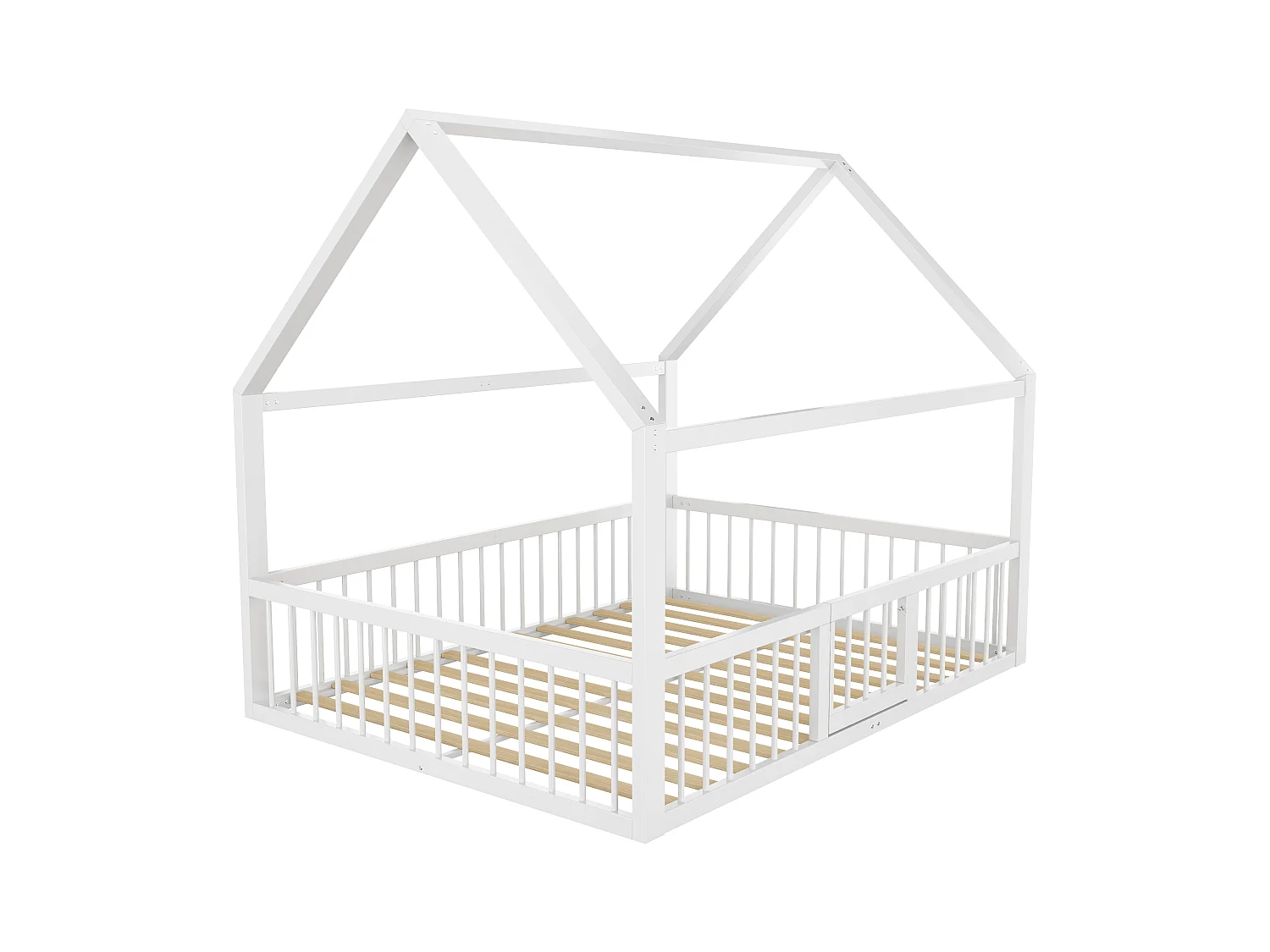 Lit cabane enfant 140x200 cm blanc, lit en métal, barrière de sécurité, sommier à lattes, sans matelas