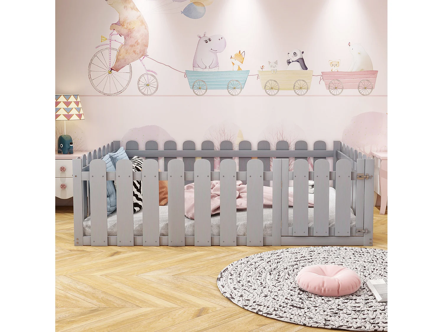 Lit enfant en bois 140x200cm gris avec cadre de sécurité et porte, sommier non inclus, sans matelas