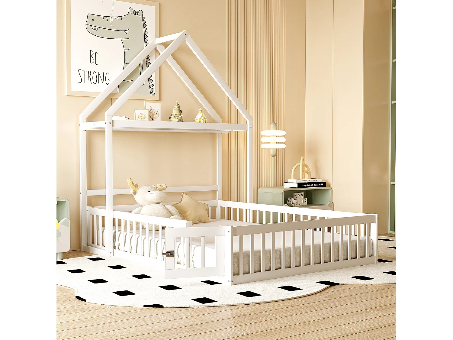 Lit enfant 140x200cm, lit cabane avec étagères de rangement, grille de protection, blanc, sans matelas