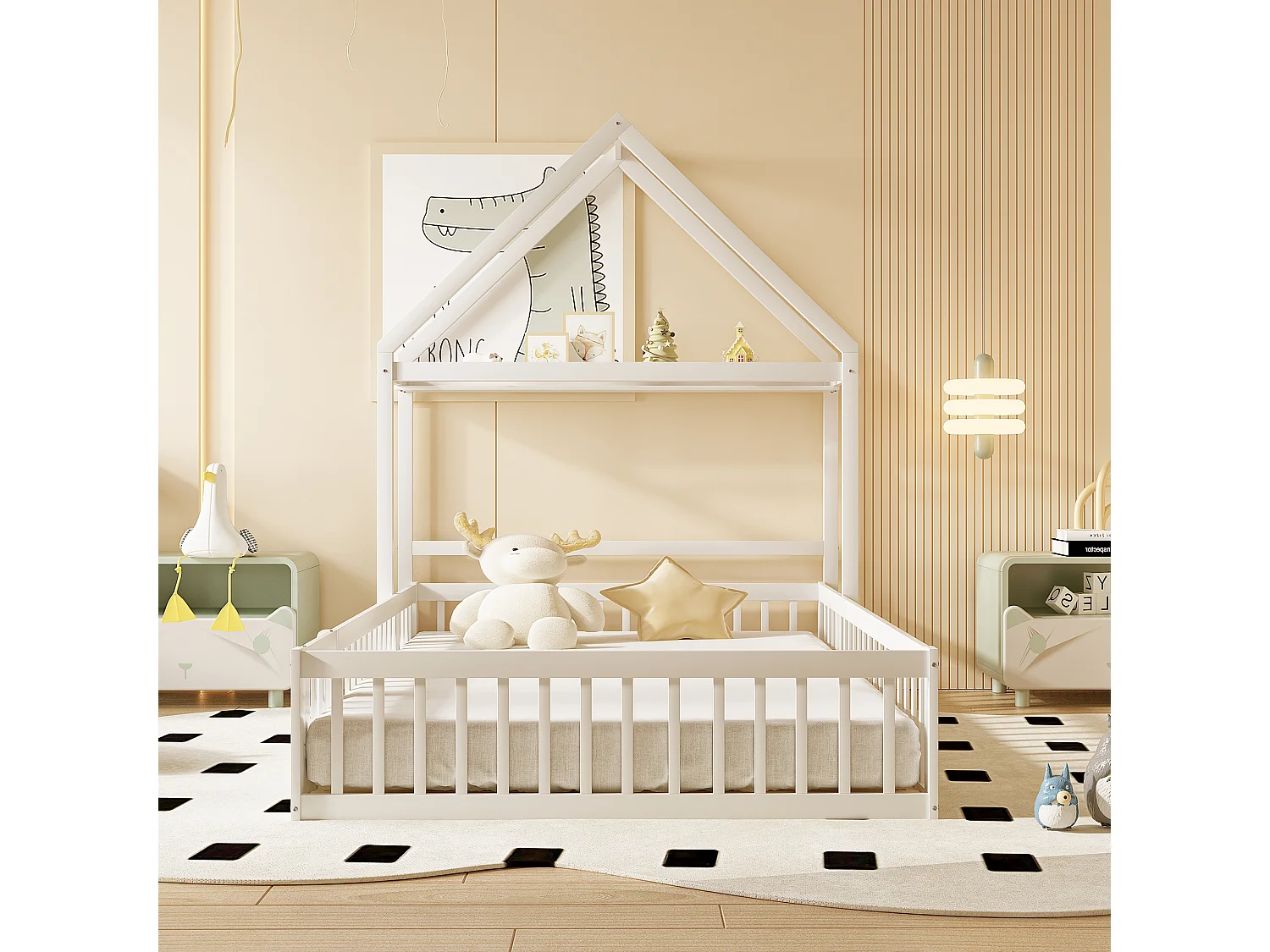 Lit enfant 140x200cm, lit cabane avec étagères de rangement, grille de protection, blanc, sans matelas