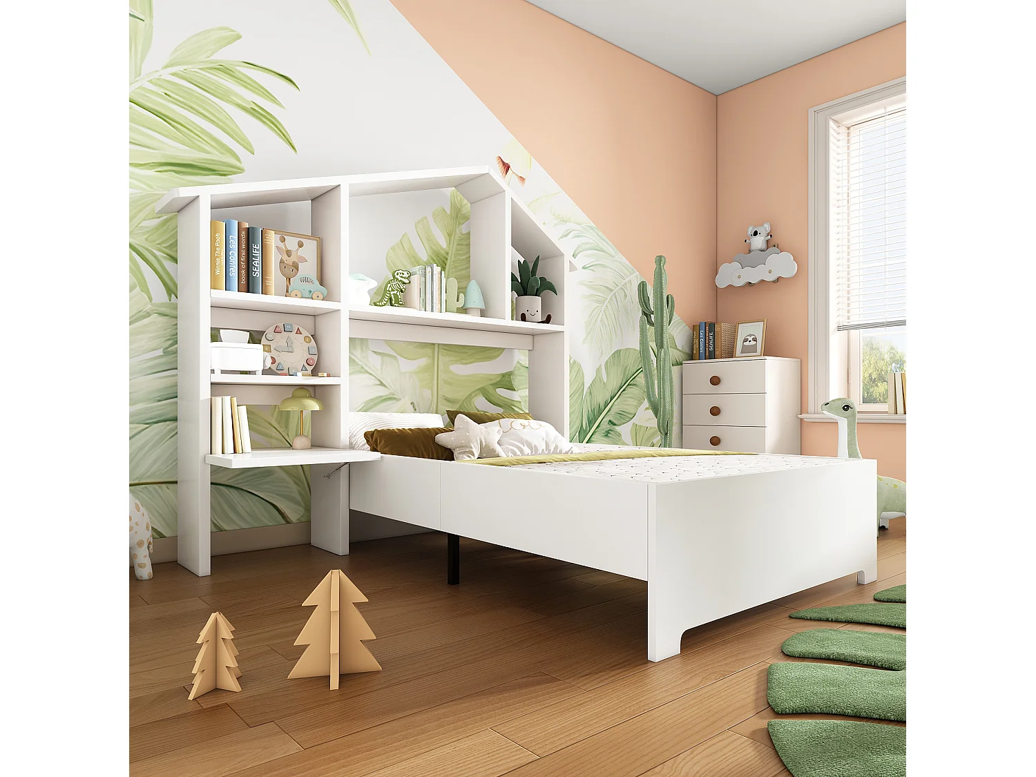 Cama infantil individual 90x200 cm de madera, cama tipo casita con estanterías de almacenamiento, blanca, sin colchón
