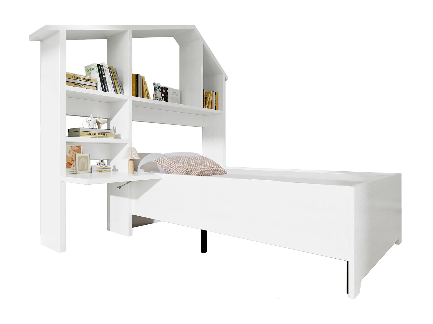 Cama infantil individual 90x200 cm de madera, cama tipo casita con estanterías de almacenamiento, blanca, sin colchón
