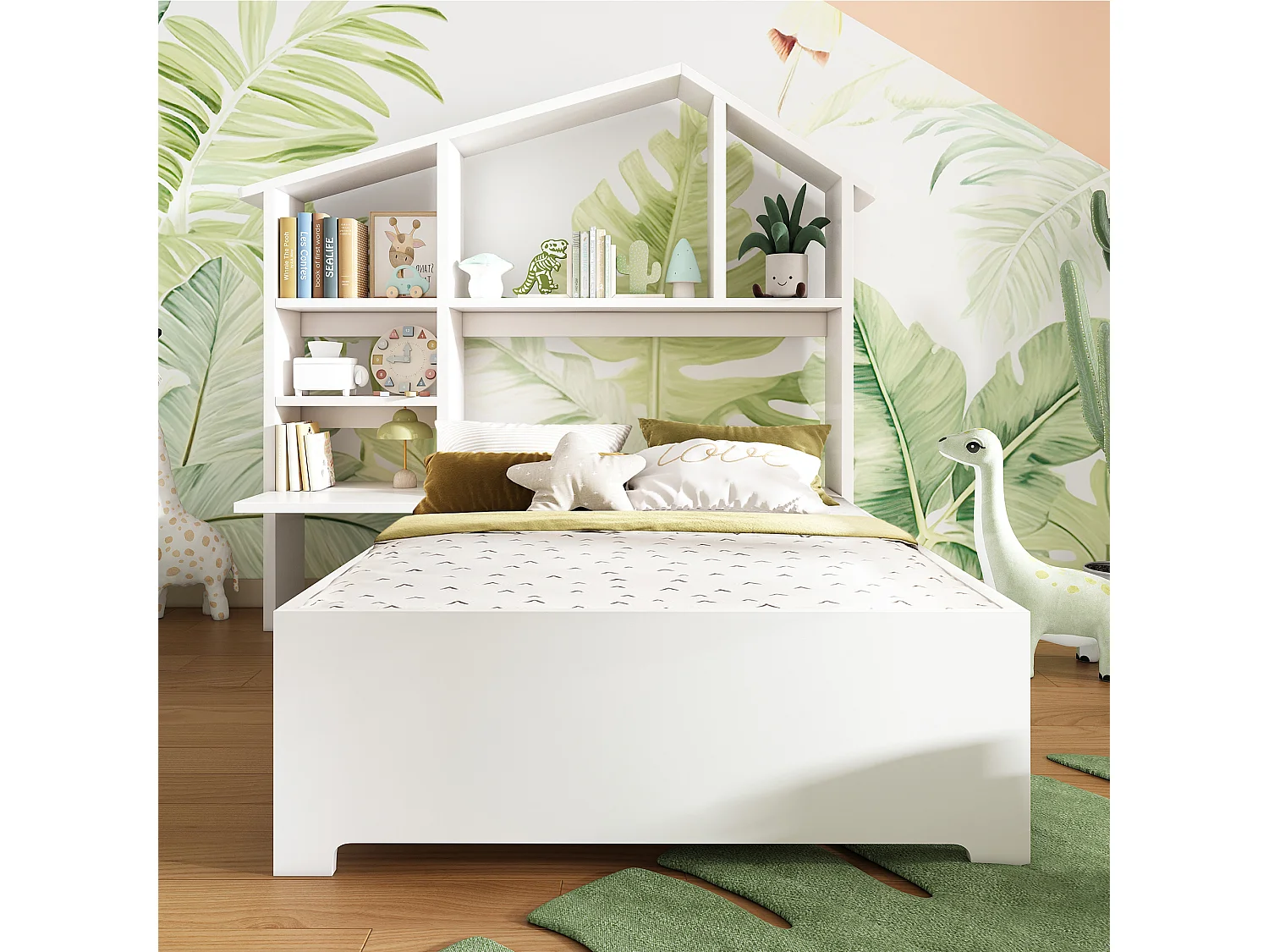 Cama infantil individual 90x200 cm de madera, cama tipo casita con estanterías de almacenamiento, blanca, sin colchón