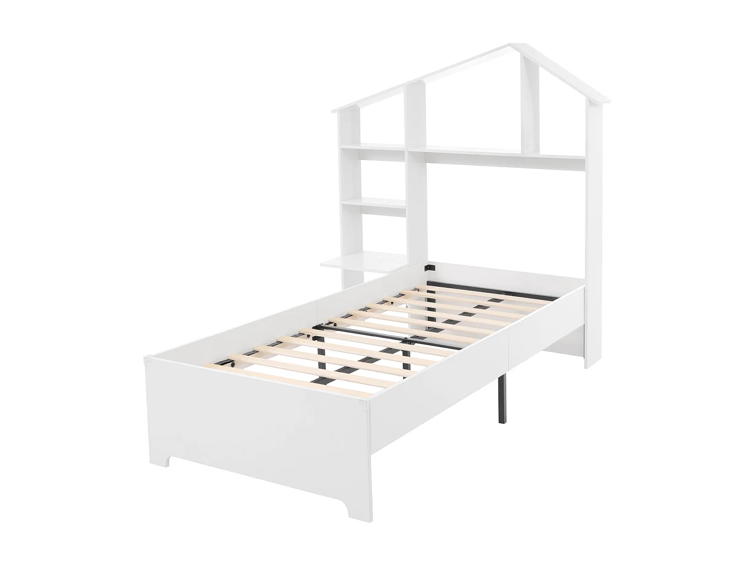 Cama infantil individual 90x200 cm de madera, cama tipo casita con estanterías de almacenamiento, blanca, sin colchón
