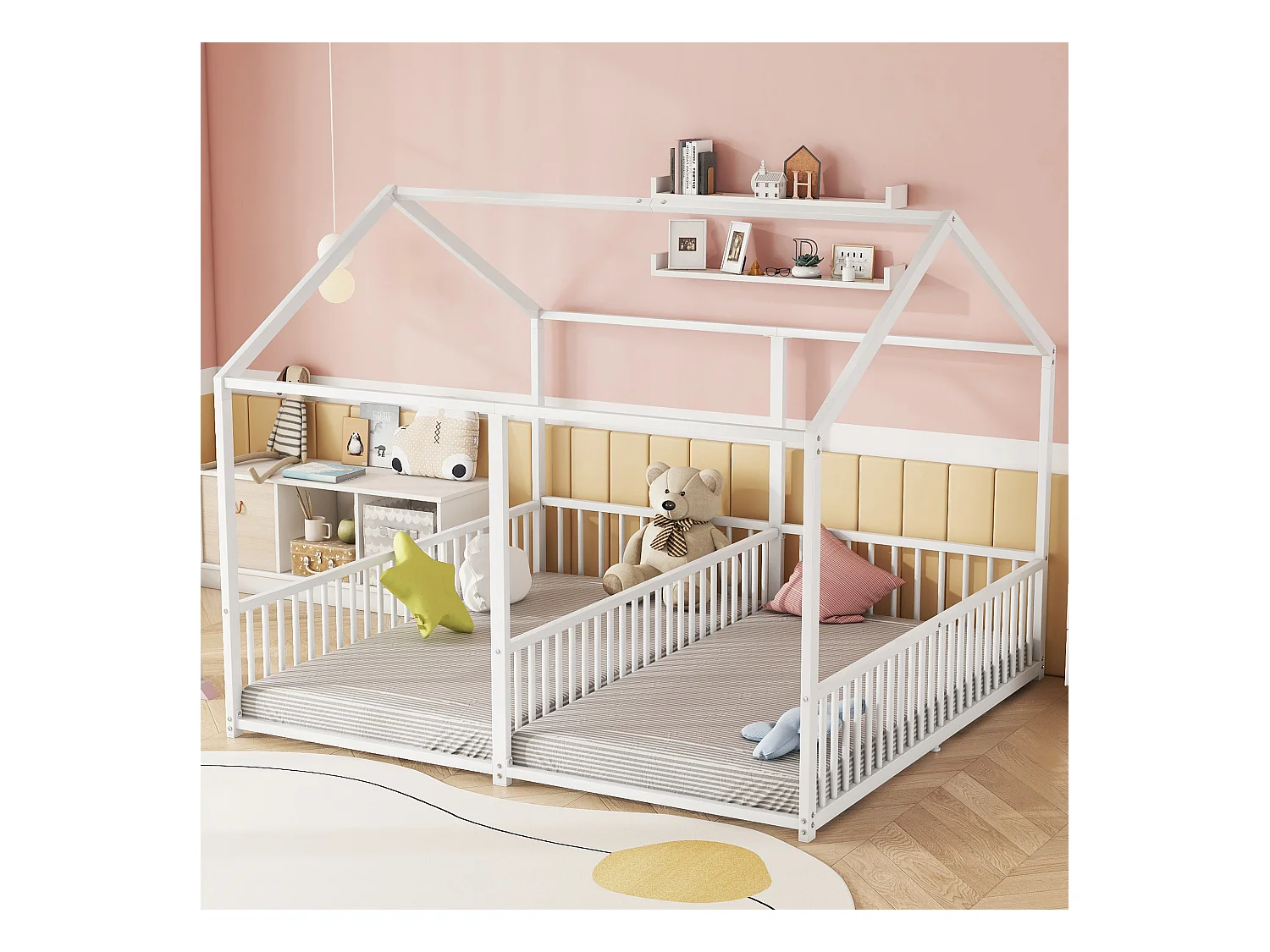 Lit cabane enfant 90x200cm, Lit adulte 2 en 1, lit en métal, barrière de sécurité, sans matelas, fer, blanc