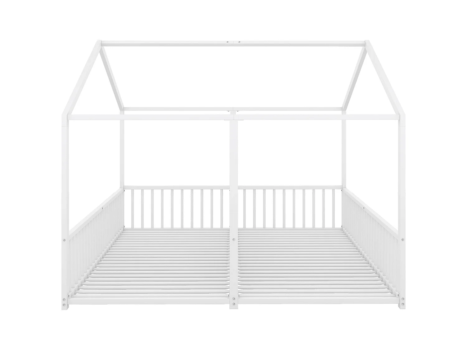 Lit cabane enfant 90x200cm, Lit adulte 2 en 1, lit en métal, barrière de sécurité, sans matelas, fer, blanc