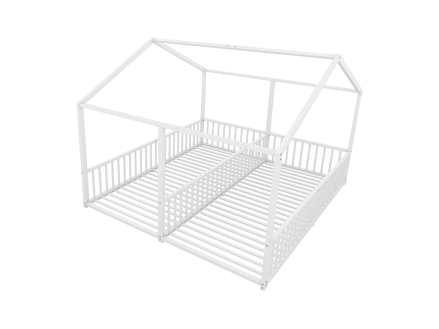 Lit cabane enfant 90x200cm, Lit adulte 2 en 1, lit en métal, barrière de sécurité, sans matelas, fer, blanc