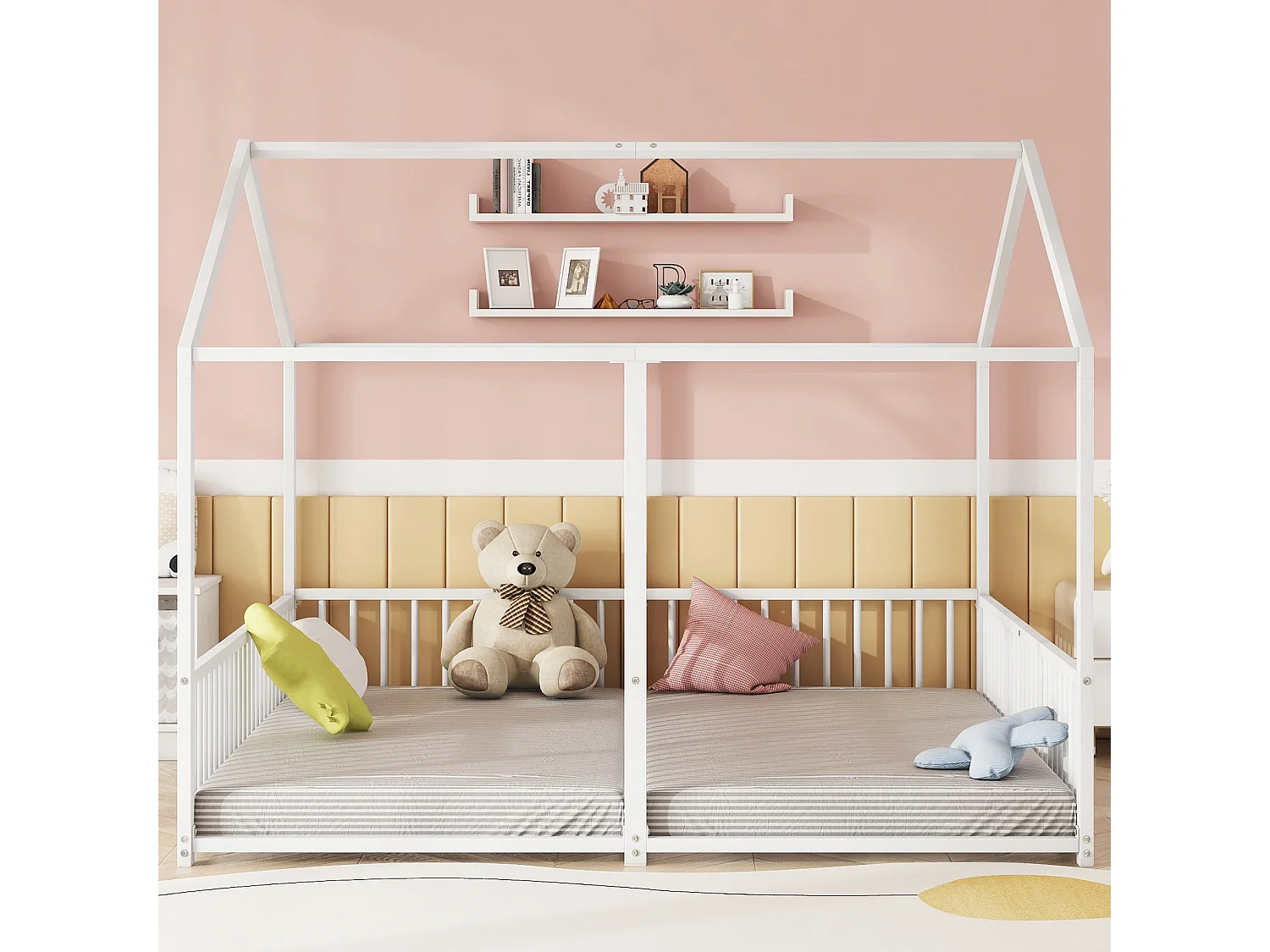 Lit cabane enfant 90x200cm, Lit adulte 2 en 1, lit en métal, barrière de sécurité, sans matelas, fer, blanc