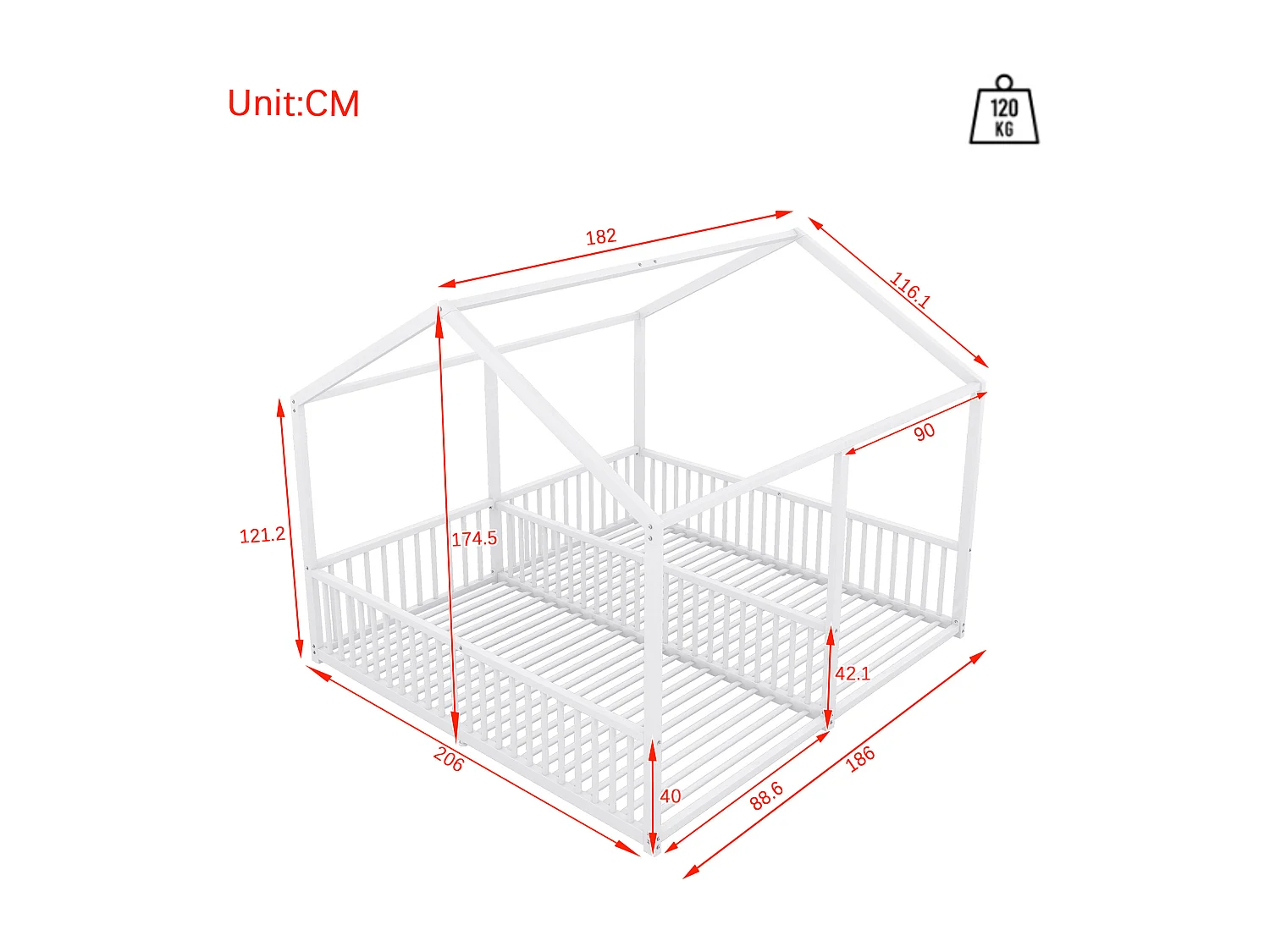 Lit cabane enfant 90x200cm, Lit adulte 2 en 1, lit en métal, barrière de sécurité, sans matelas, fer, blanc