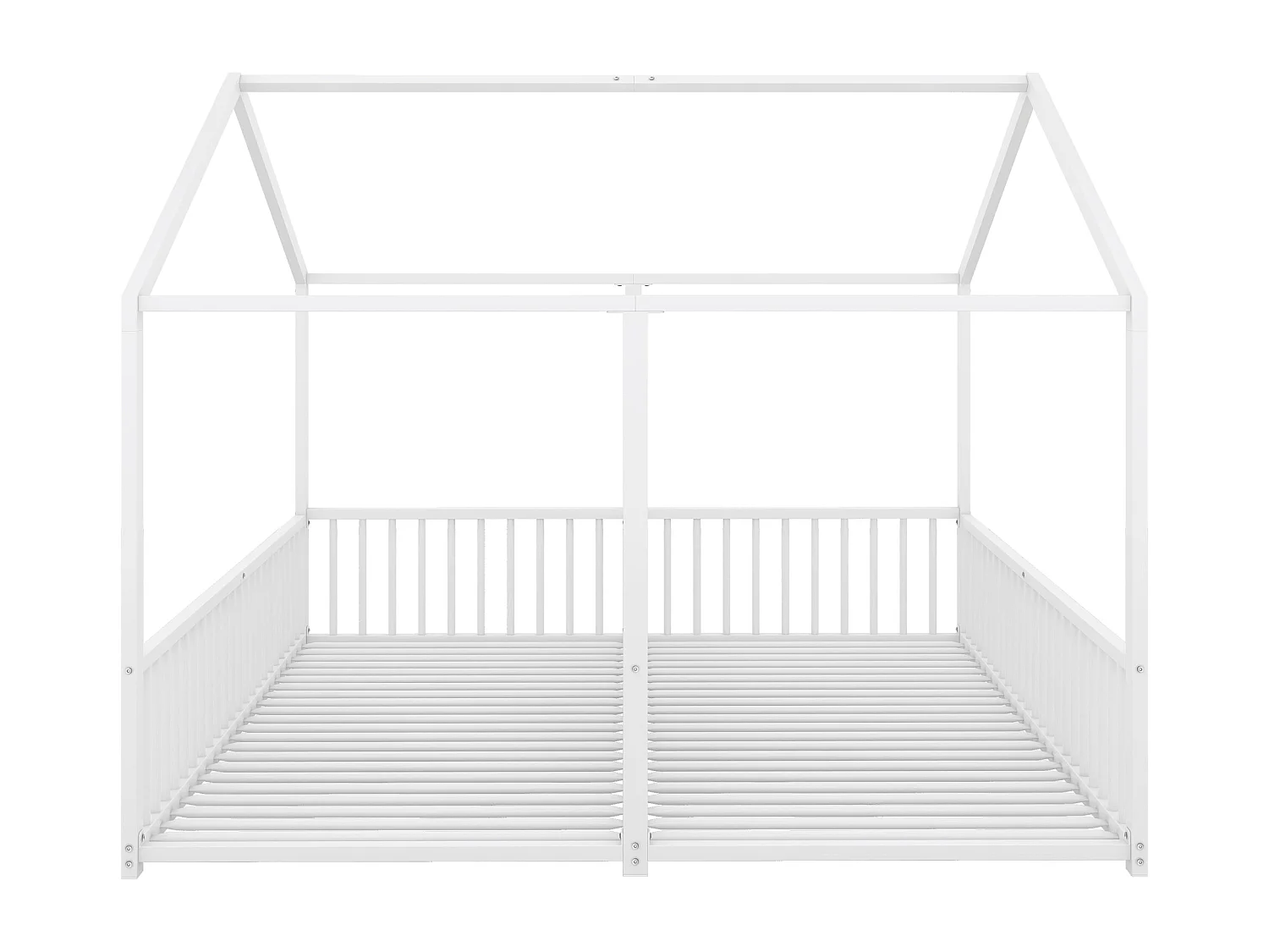 Lit cabane enfant 90x200cm, Lit adulte 2 en 1, lit en métal, barrière de sécurité, sans matelas, fer, blanc