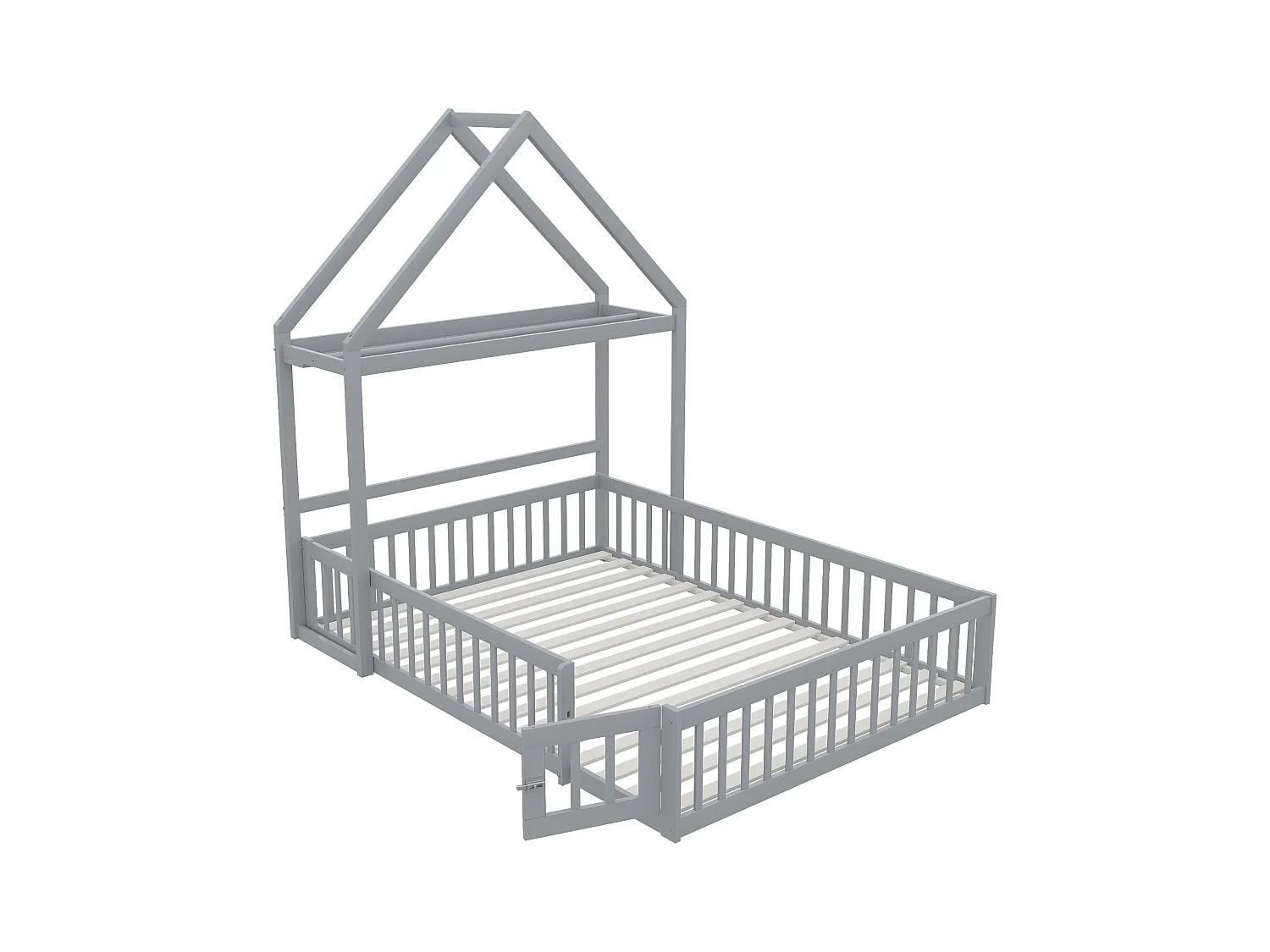 Lit enfant 140x200cm, lit cabane avec étagères de rangement, grille de protection, gris, sans matelas