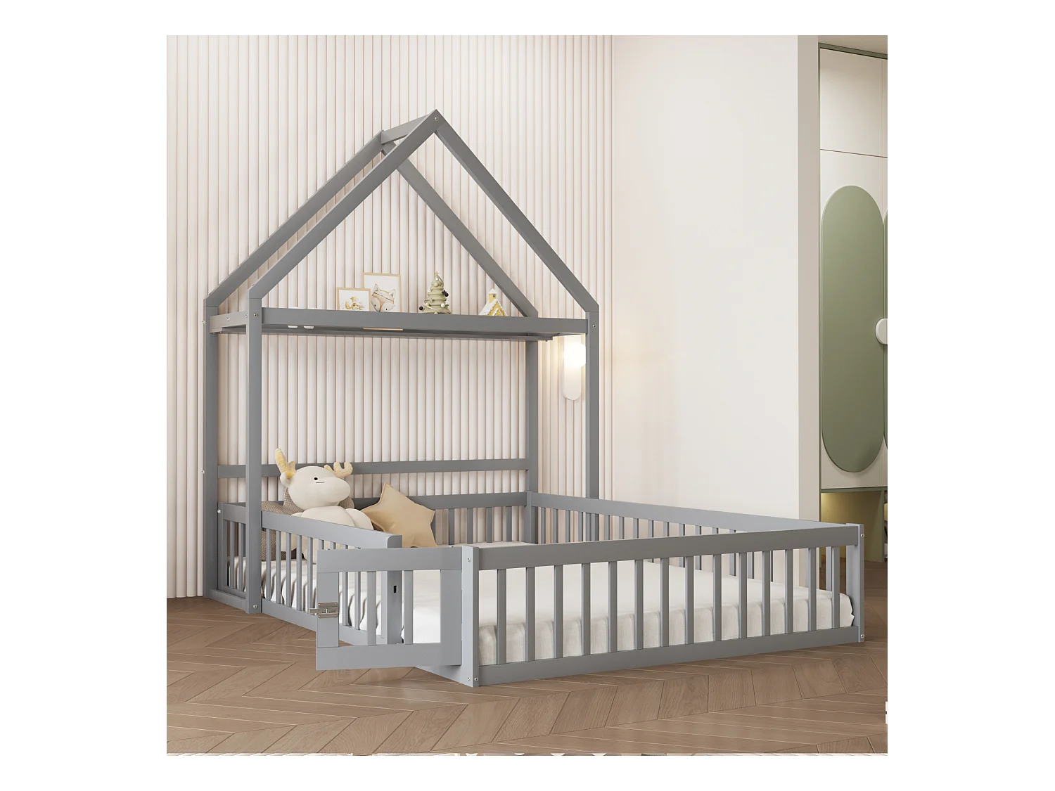 Lit enfant 140x200cm, lit cabane avec étagères de rangement, grille de protection, gris, sans matelas