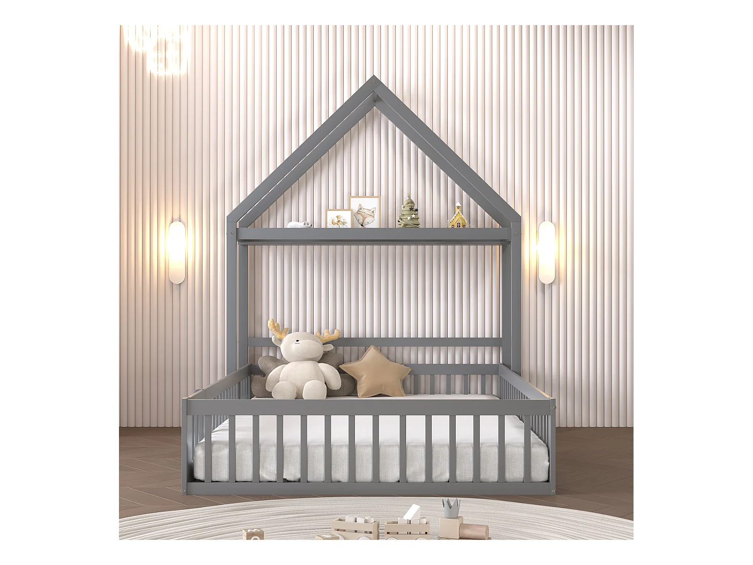 Lit enfant 140x200cm, lit cabane avec étagères de rangement, grille de protection, gris, sans matelas