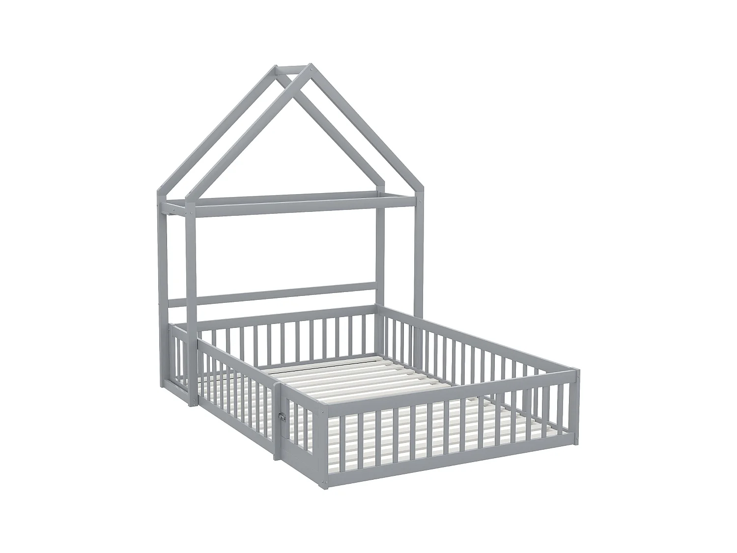 Lit enfant 140x200cm, lit cabane avec étagères de rangement, grille de protection, gris, sans matelas