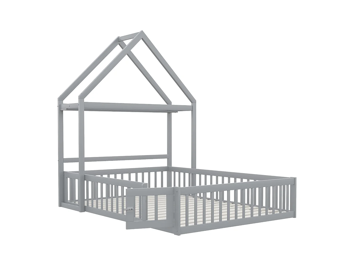 Lit enfant 140x200cm, lit cabane avec étagères de rangement, grille de protection, gris, sans matelas