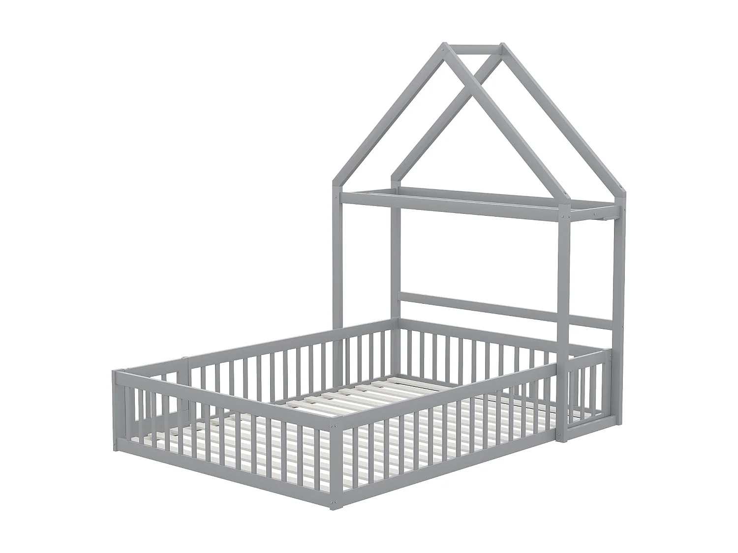 Lit enfant 140x200cm, lit cabane avec étagères de rangement, grille de protection, gris, sans matelas