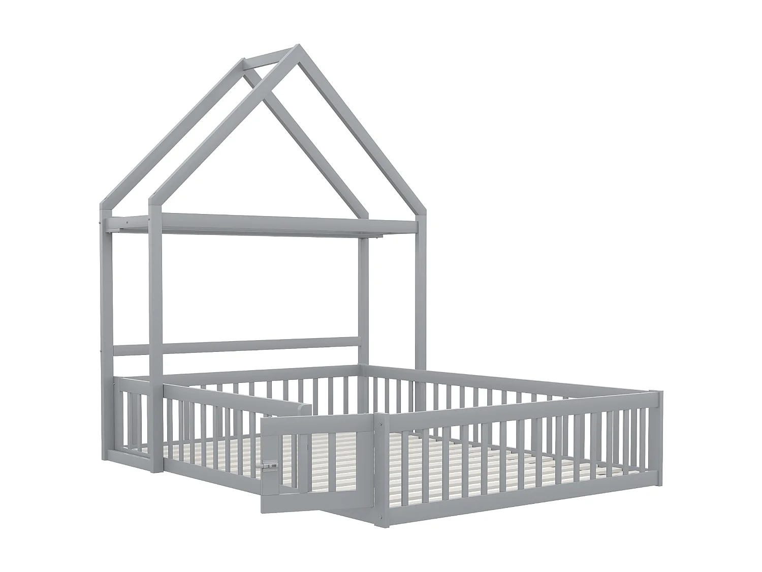 Lit enfant 140x200cm, lit cabane avec étagères de rangement, grille de protection, gris, sans matelas