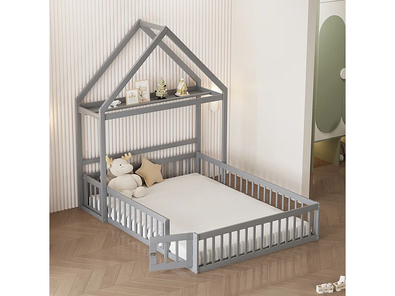 Lit enfant 140x200cm, lit cabane avec étagères de rangement, grille de protection, gris, sans matelas