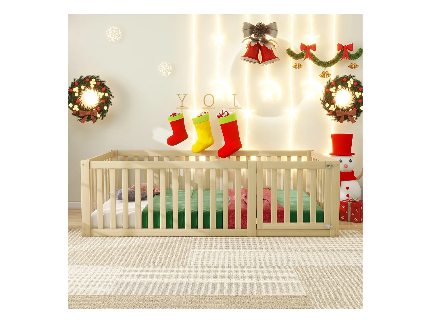 Lit enfant en bois 90x200cm naturel avec cadre de sécurité et porte, sommier non inclus, sans matelas