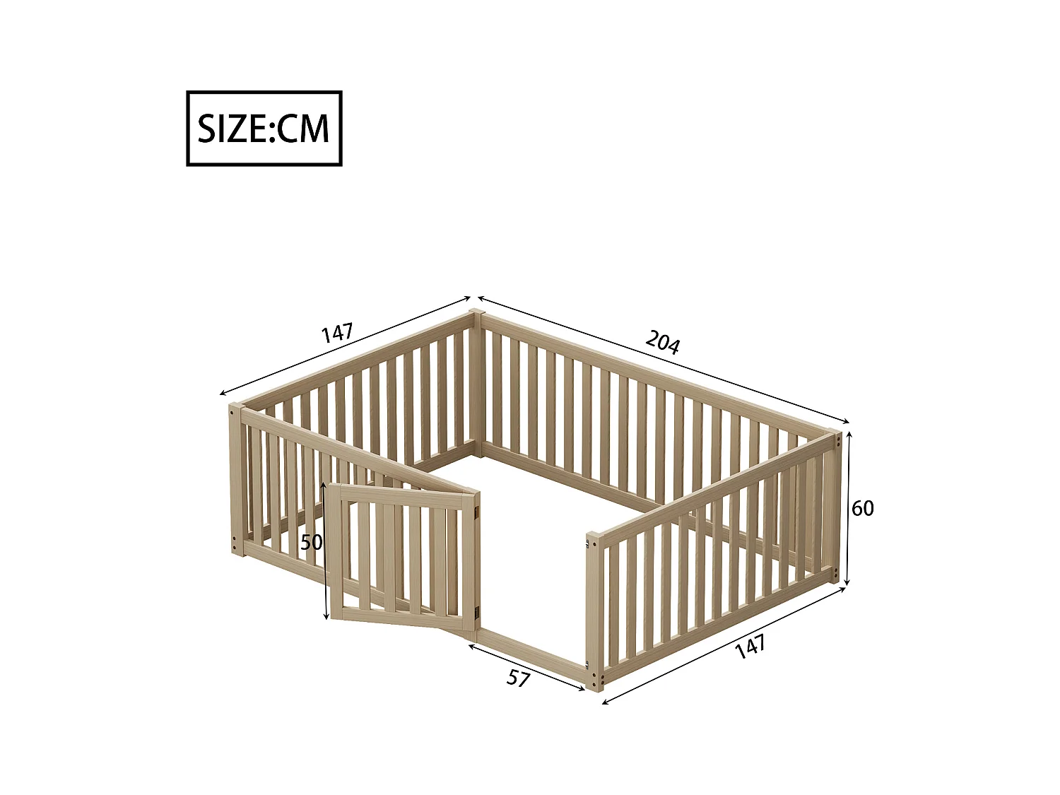 Lit enfant 140x200cm avec barrière et porte, naturel,sommier non inclus, sans matelas