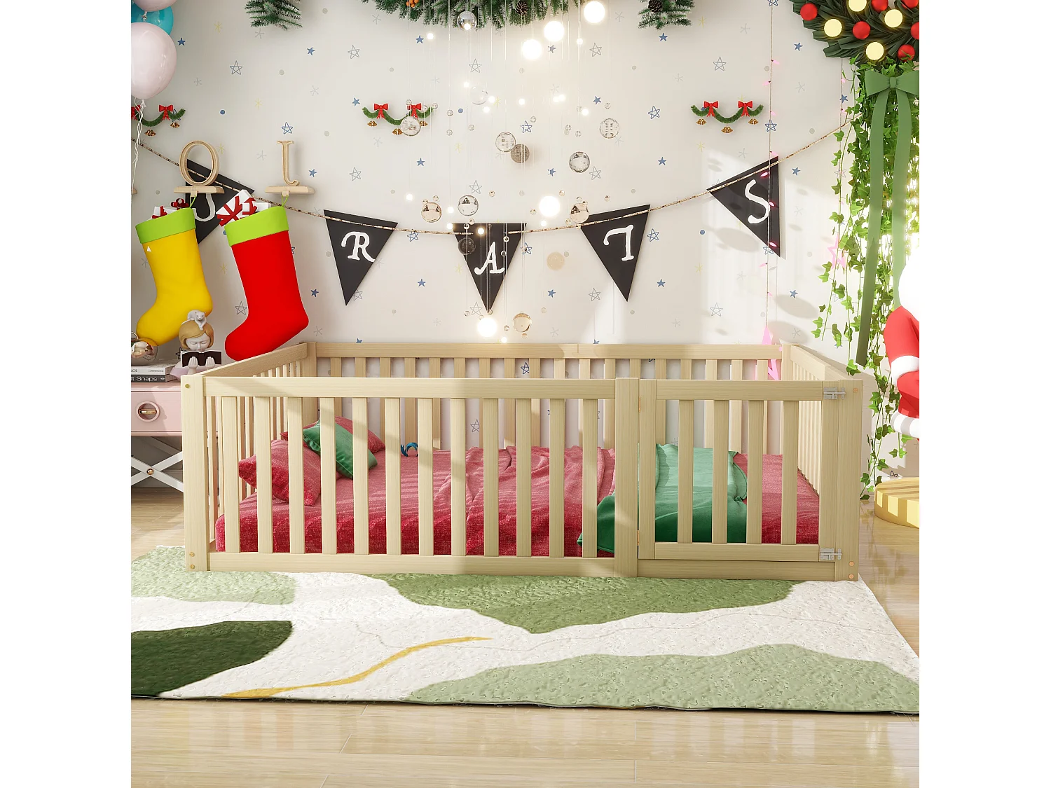 Lit enfant 140x200cm avec barrière et porte, naturel,sommier non inclus, sans matelas