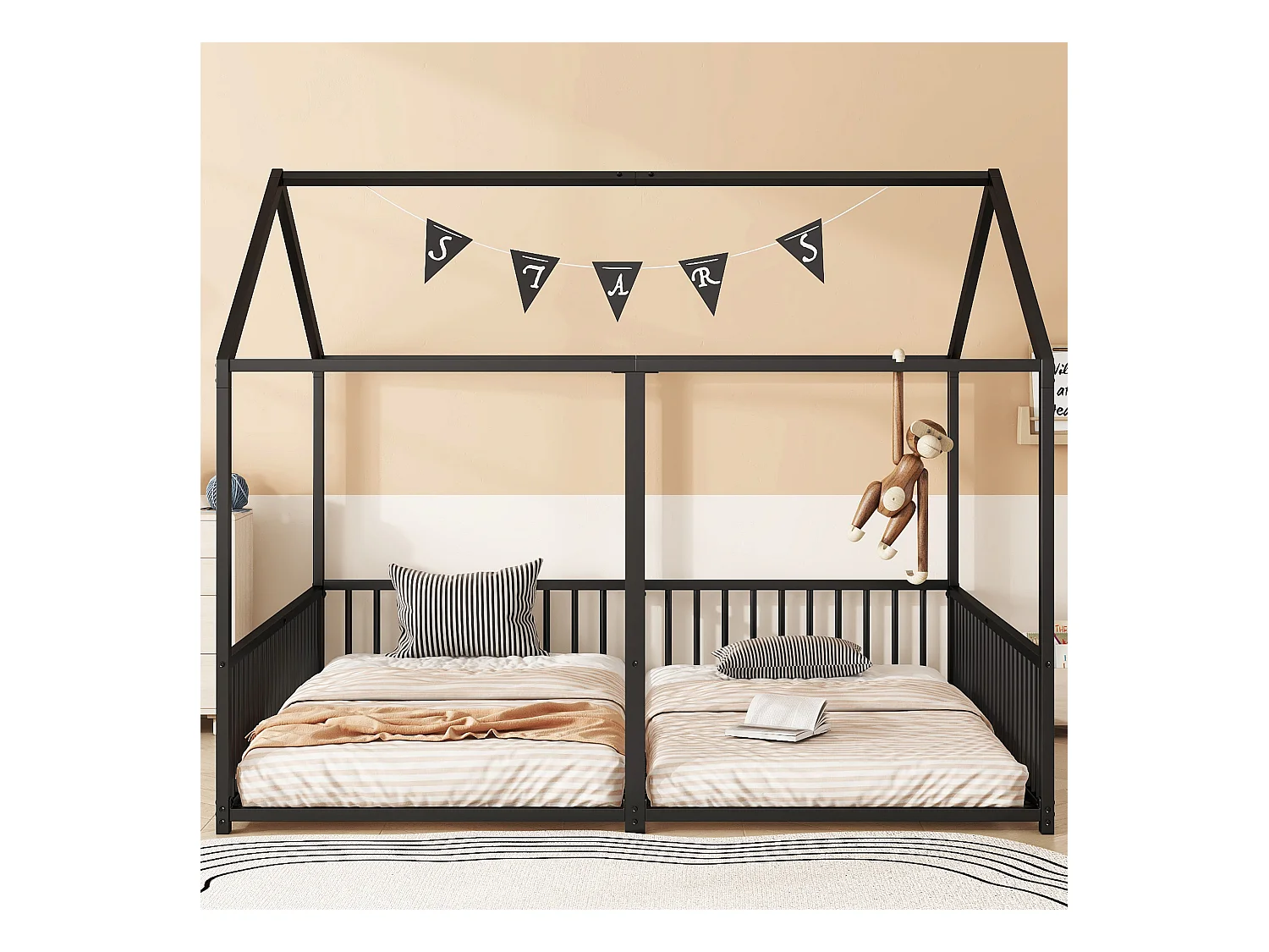 Lit cabane enfant 90x200cm, Lit adulte 2 en 1, lit en métal, barrière de sécurité, sans matelas, fer, noir