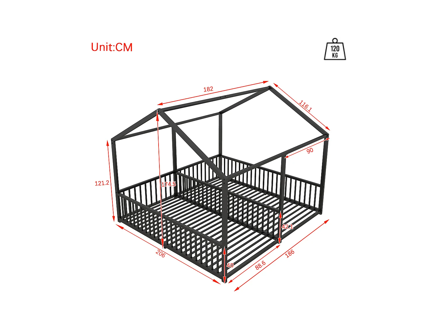 Lit cabane enfant 90x200cm, Lit adulte 2 en 1, lit en métal, barrière de sécurité, sans matelas, fer, noir