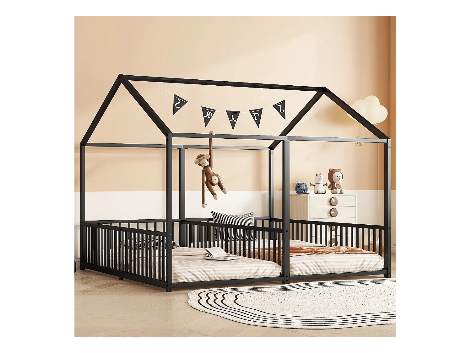 Lit cabane enfant 90x200cm, Lit adulte 2 en 1, lit en métal, barrière de sécurité, sans matelas, fer, noir